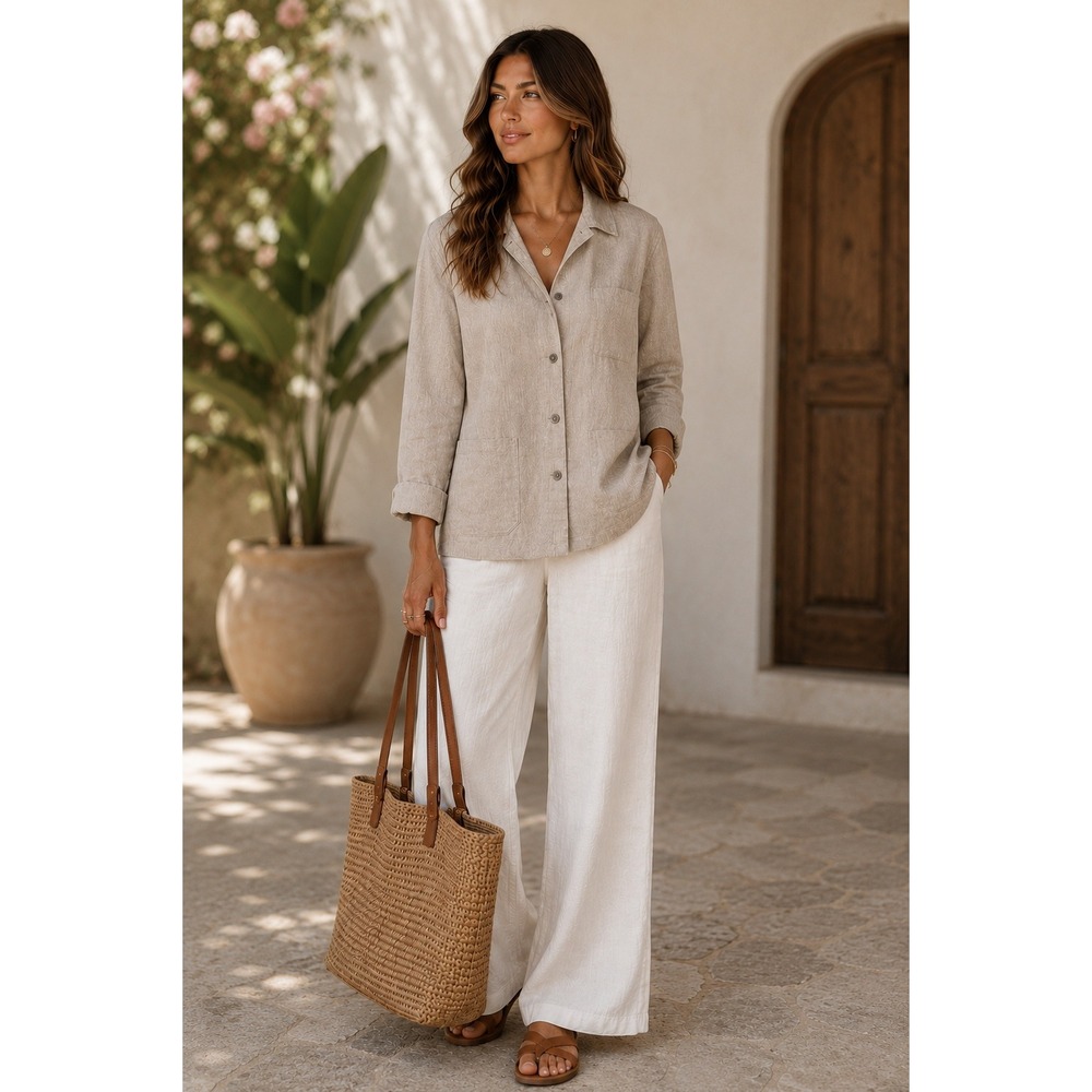 Solutions Womens Tan Linen Cotton Button Up Shirt Jacket M  Coastal Lagenlook